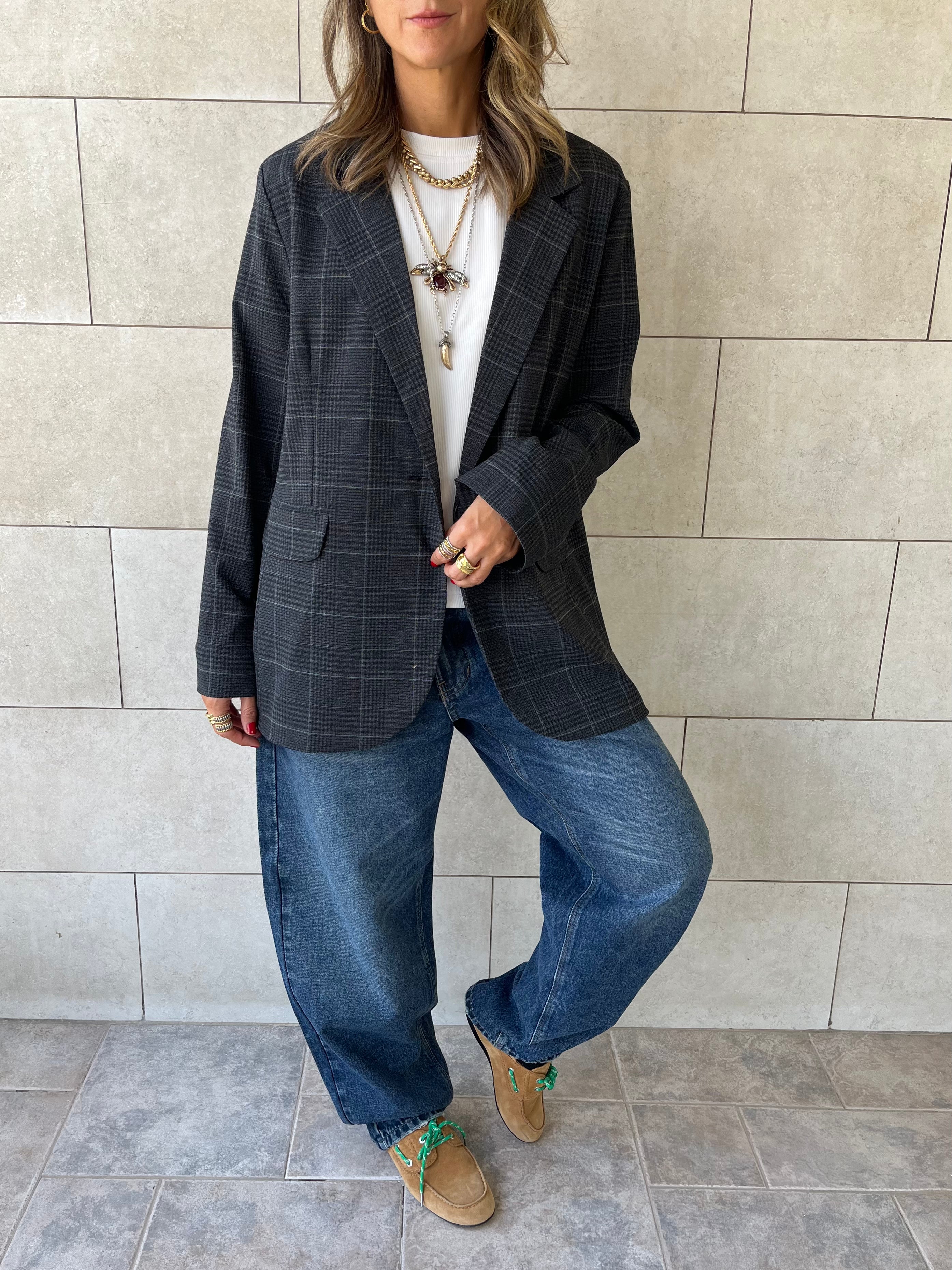 Grey Plaid Oversize Blazer