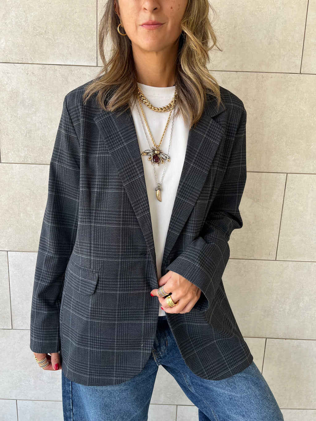 Grey Plaid Oversize Blazer