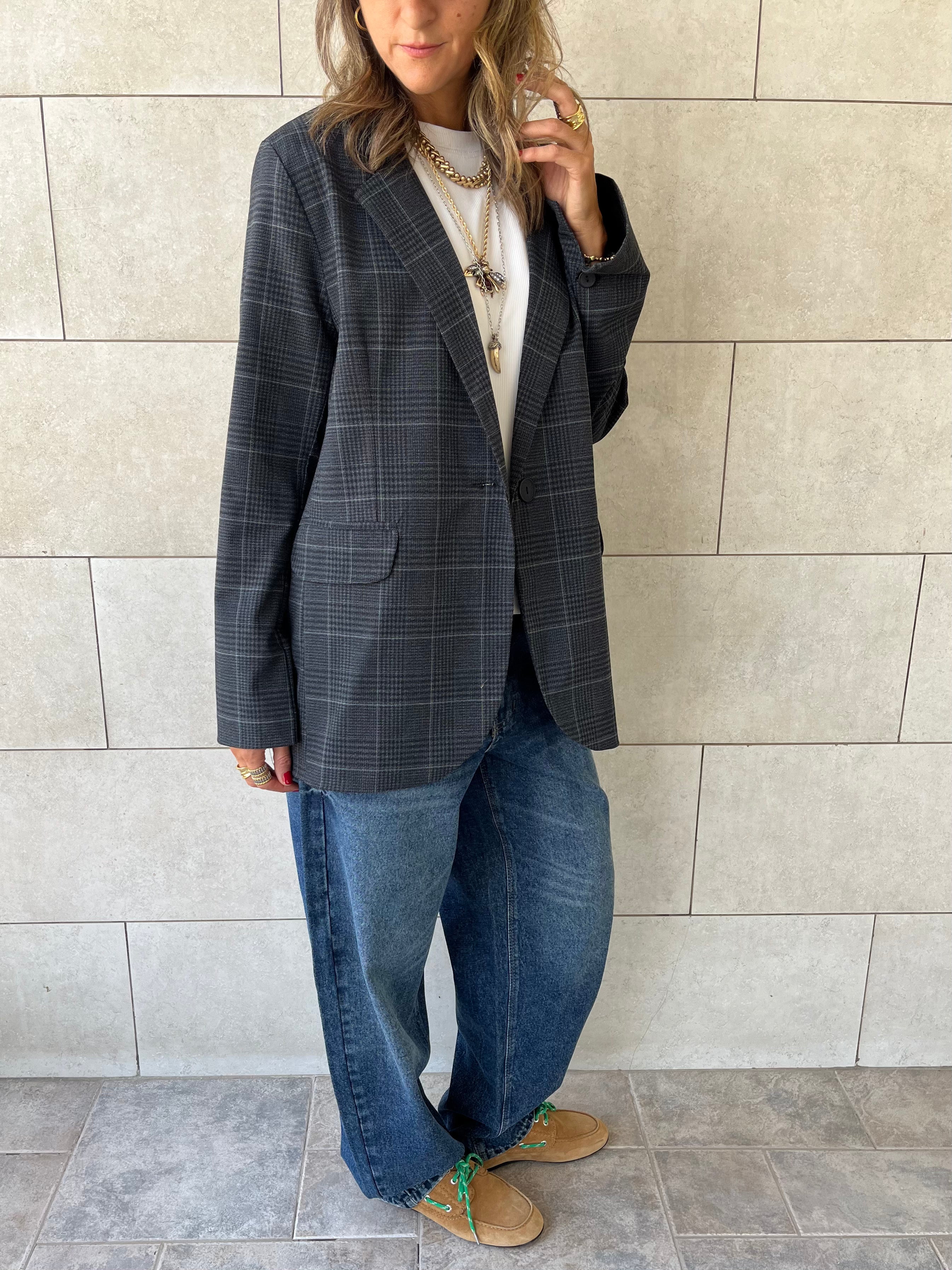 Grey Plaid Oversize Blazer