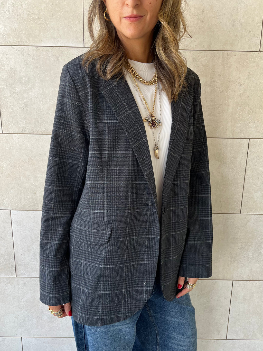 Grey Plaid Oversize Blazer