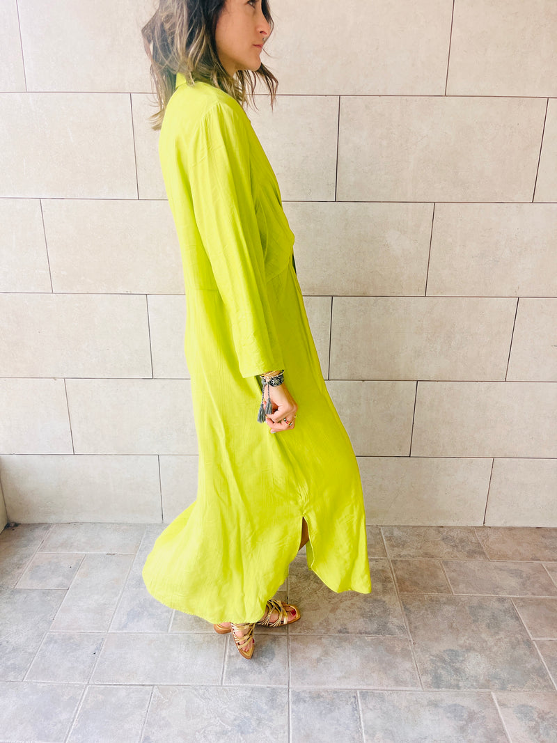 Lime Crinkle Front Knot Dress