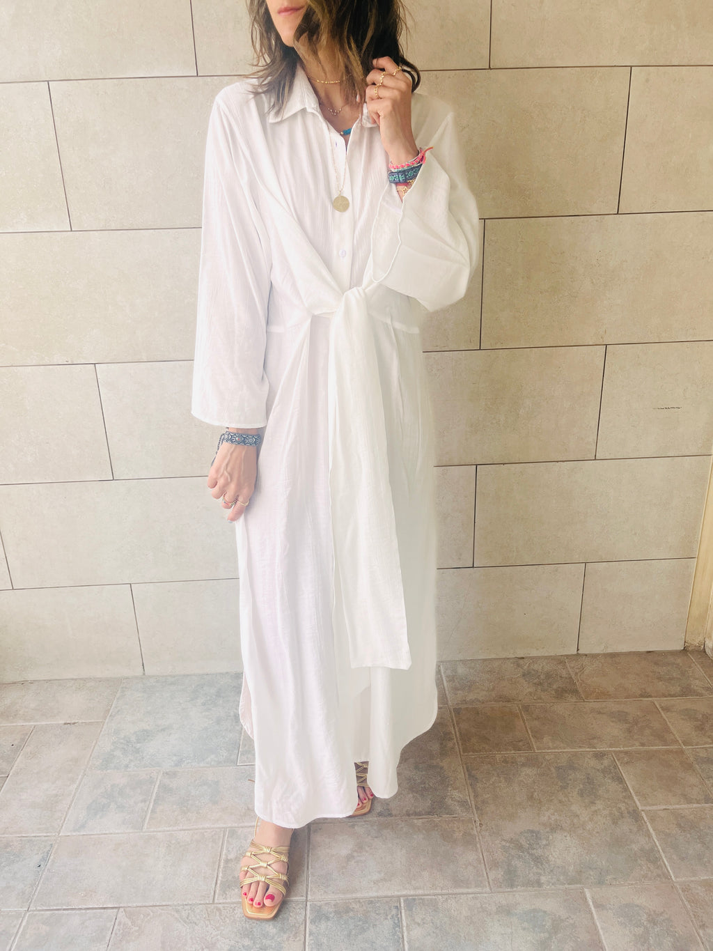 White Crinkle Front Knot Dress