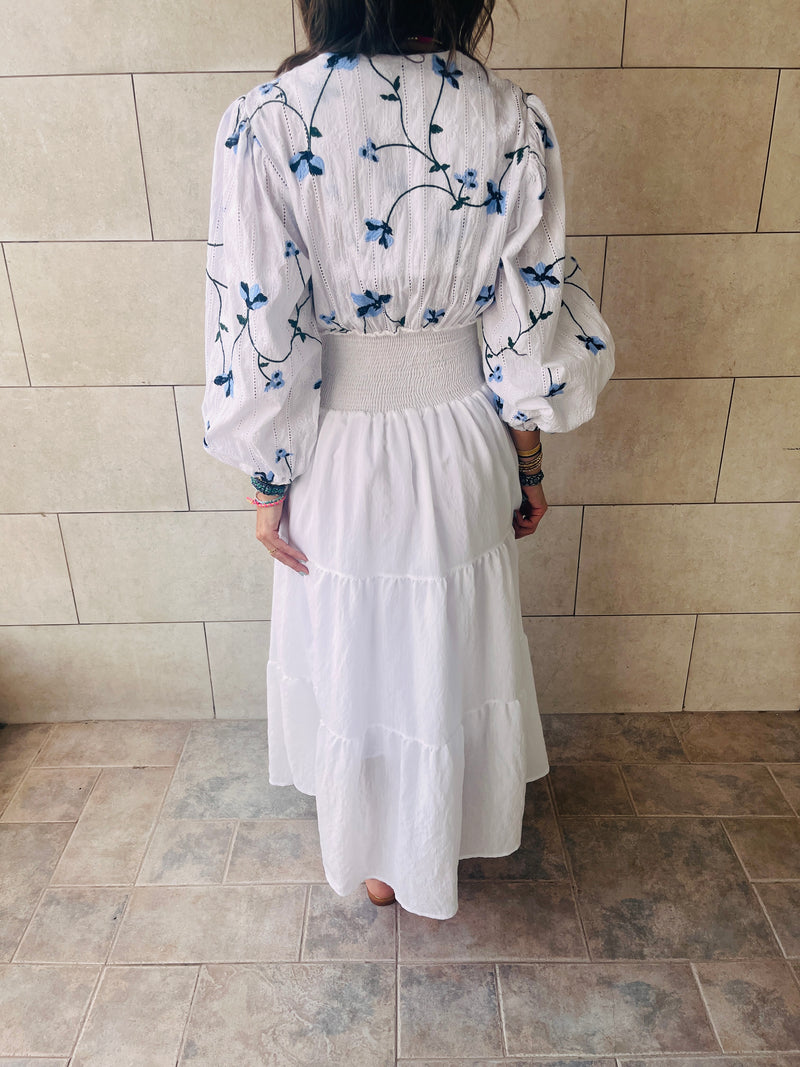 Blue Spring Bloom Embroidered Dress