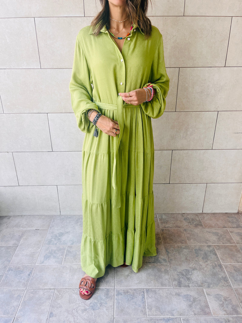 Lime Subtle Print Half Shirt Dress