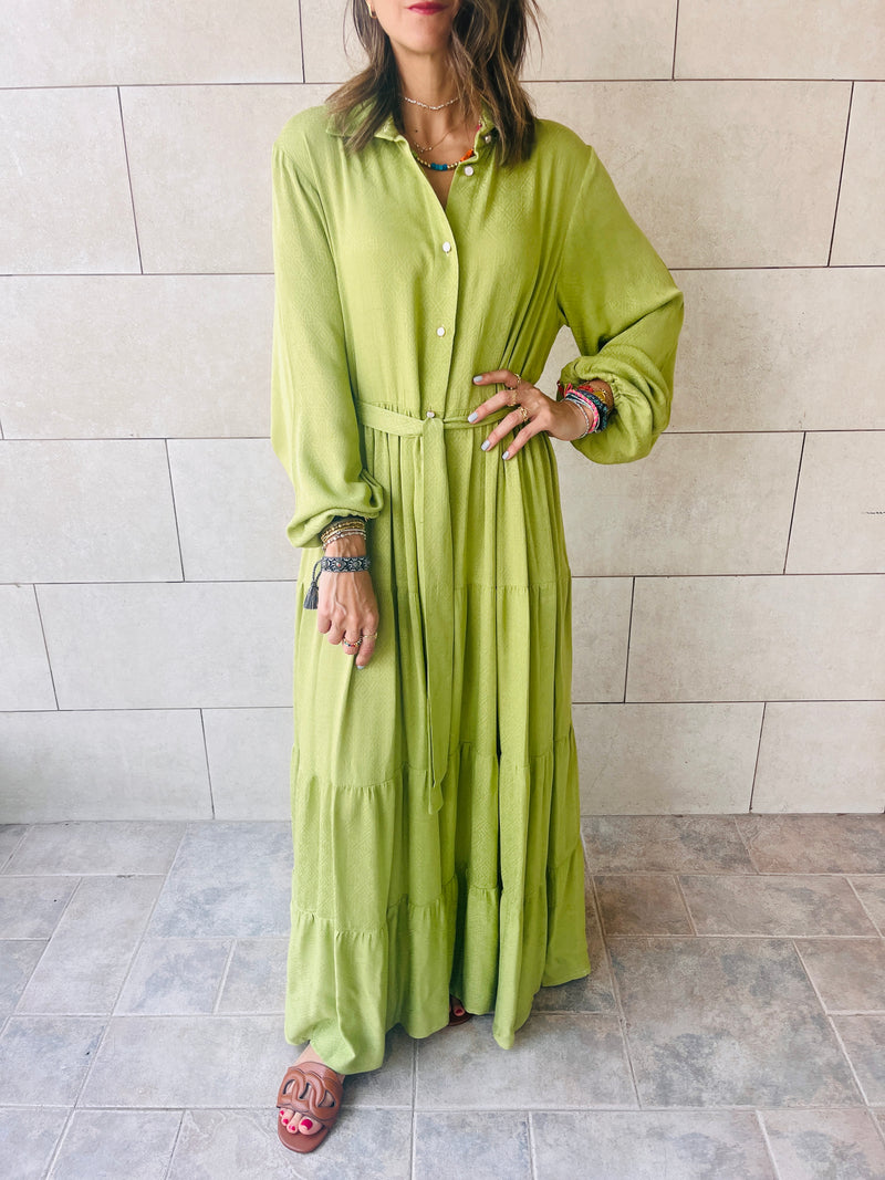 Lime Subtle Print Half Shirt Dress