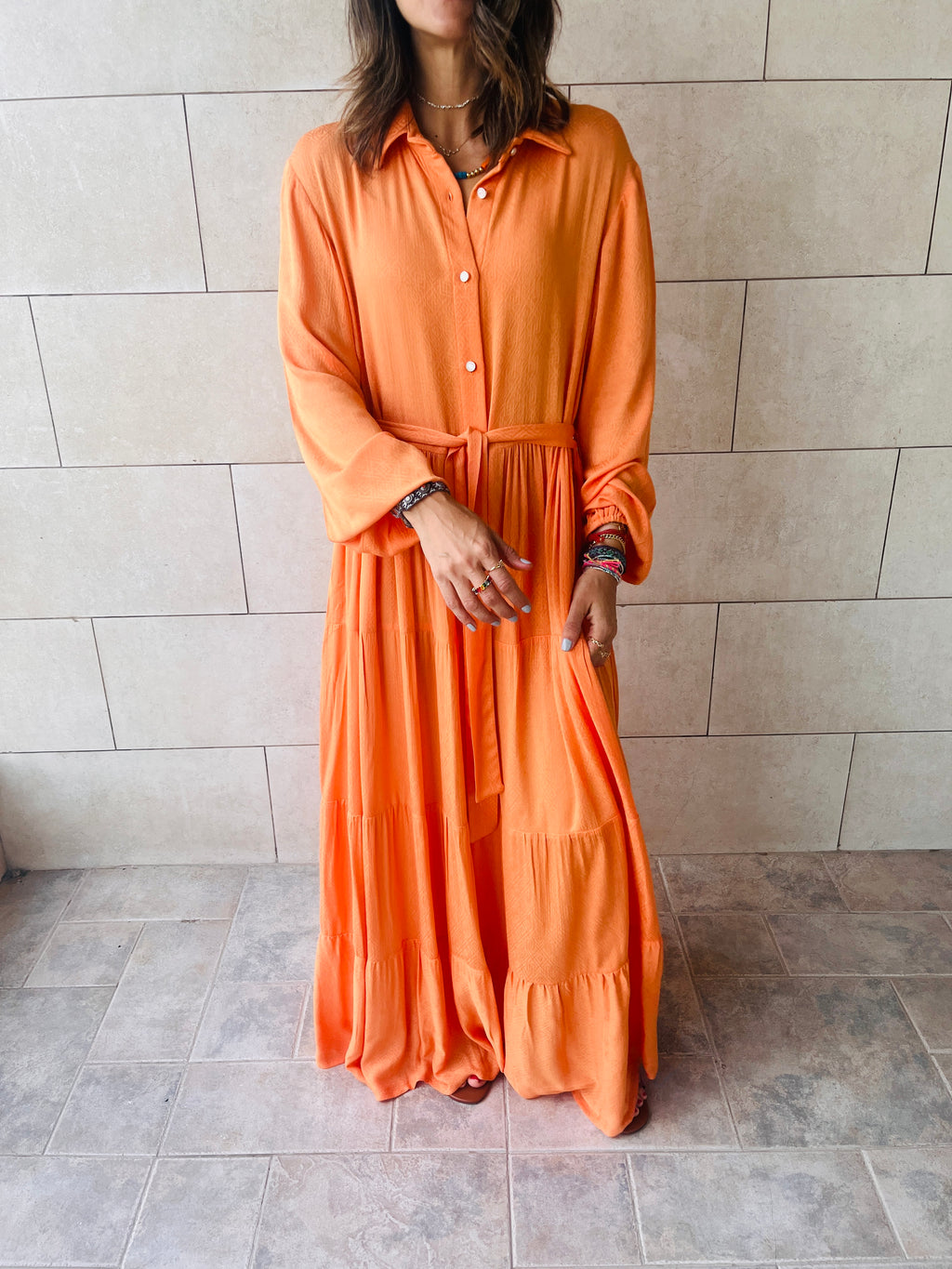 Orange Subtle Print Half Shirt Dress