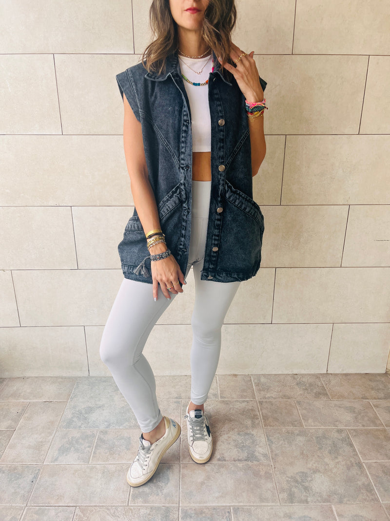 Grey Exaggerated Double Pocket Denim Vest