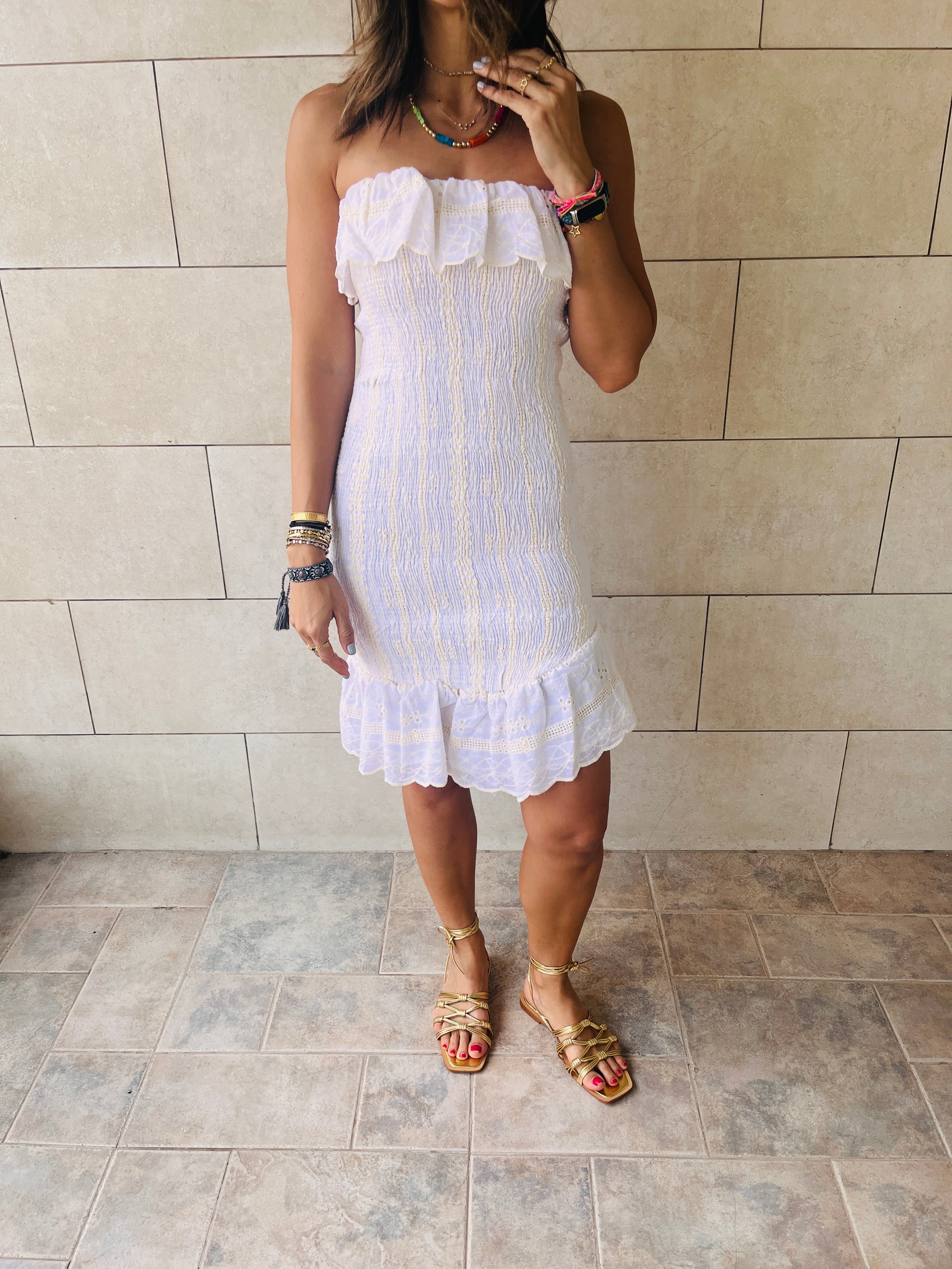 Beige Here For A Good Time Embroidered Mini Dress