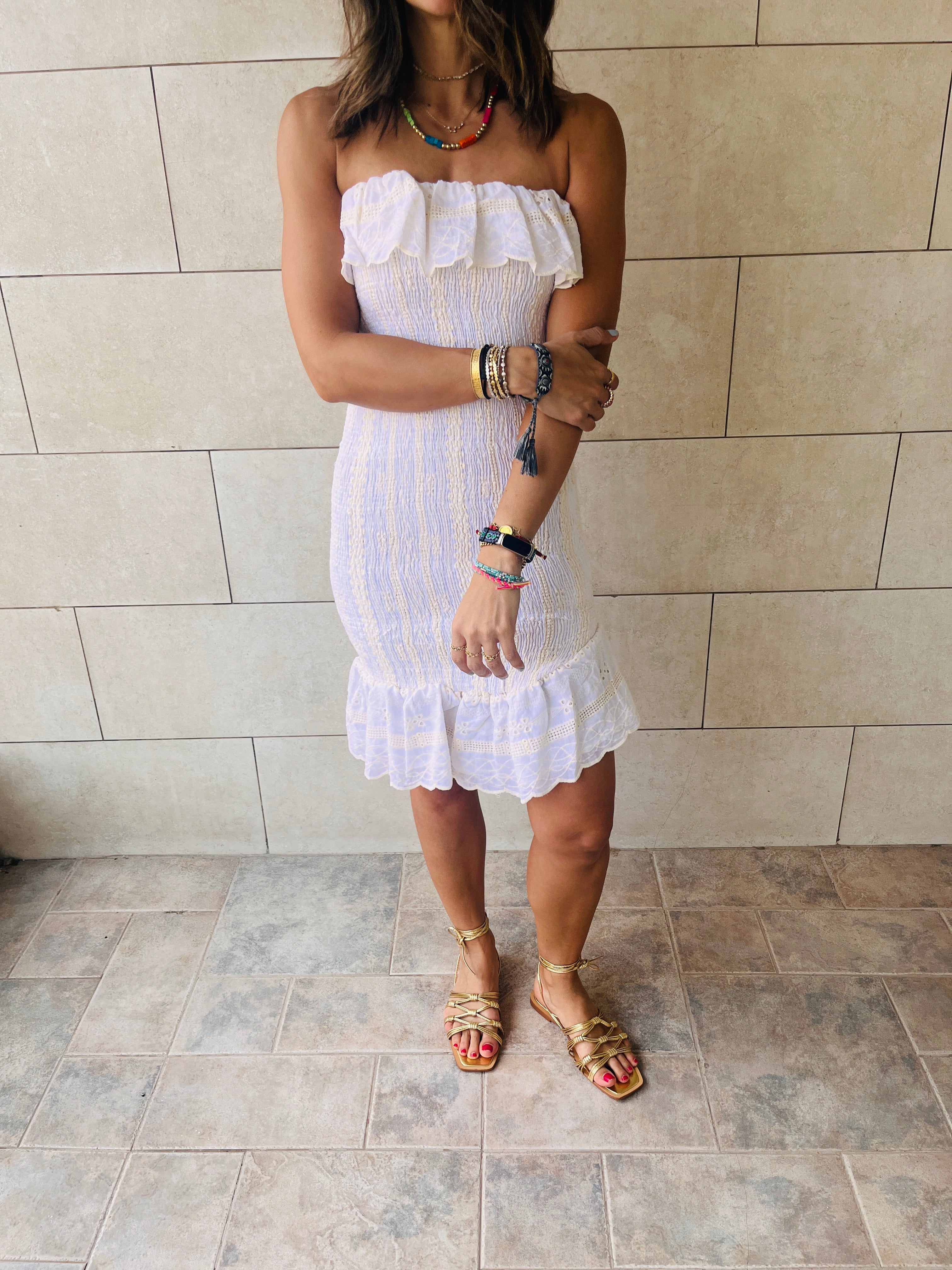 Beige Here For A Good Time Embroidered Mini Dress