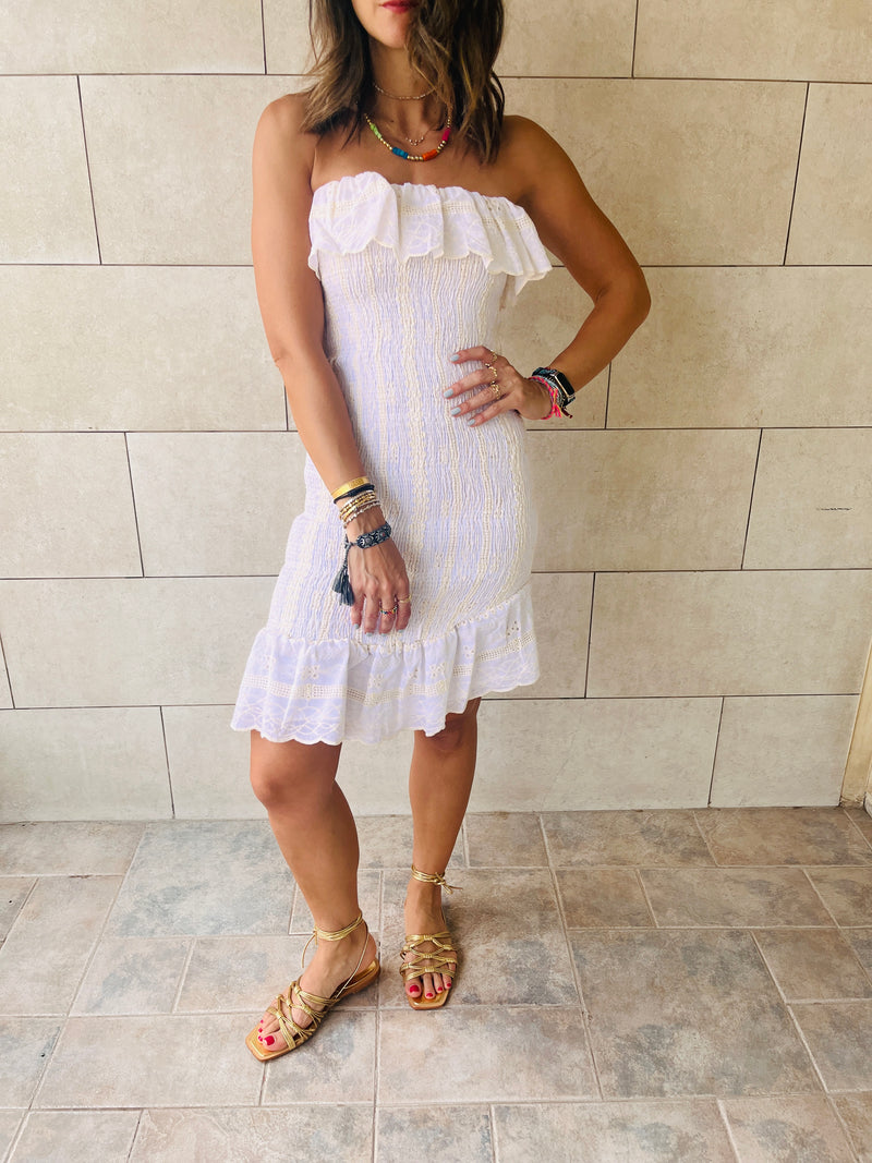 Beige Here For A Good Time Embroidered Mini Dress