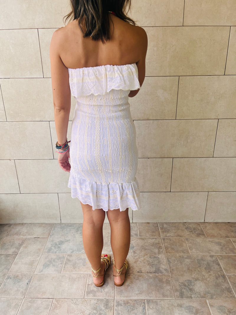 Beige Here For A Good Time Embroidered Mini Dress