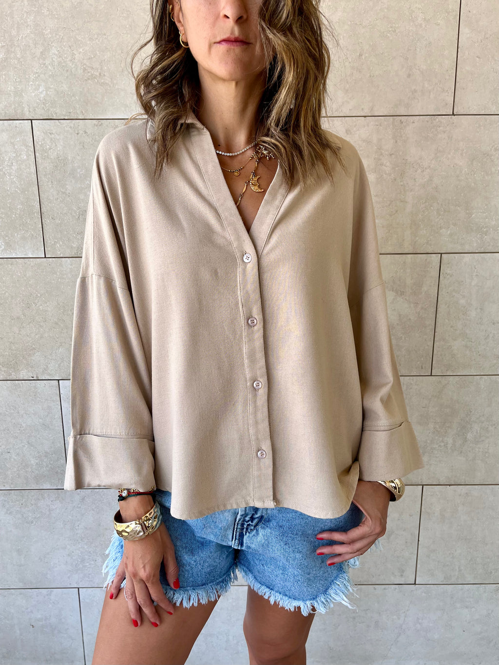 Beige Basic V Essential Shirt