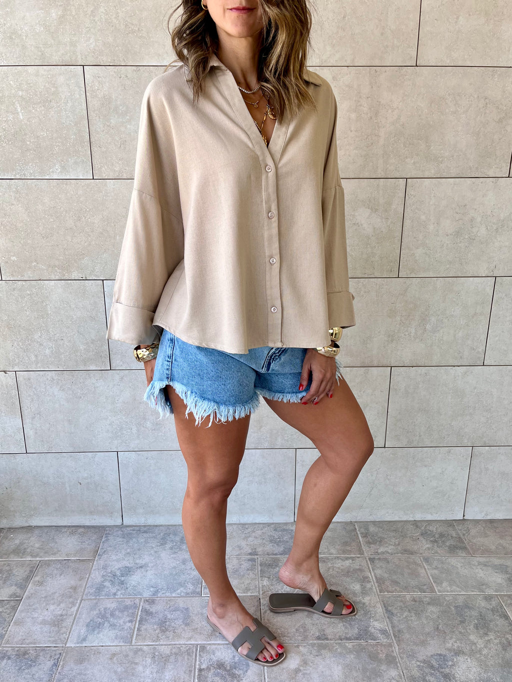 Beige Basic V Essential Shirt