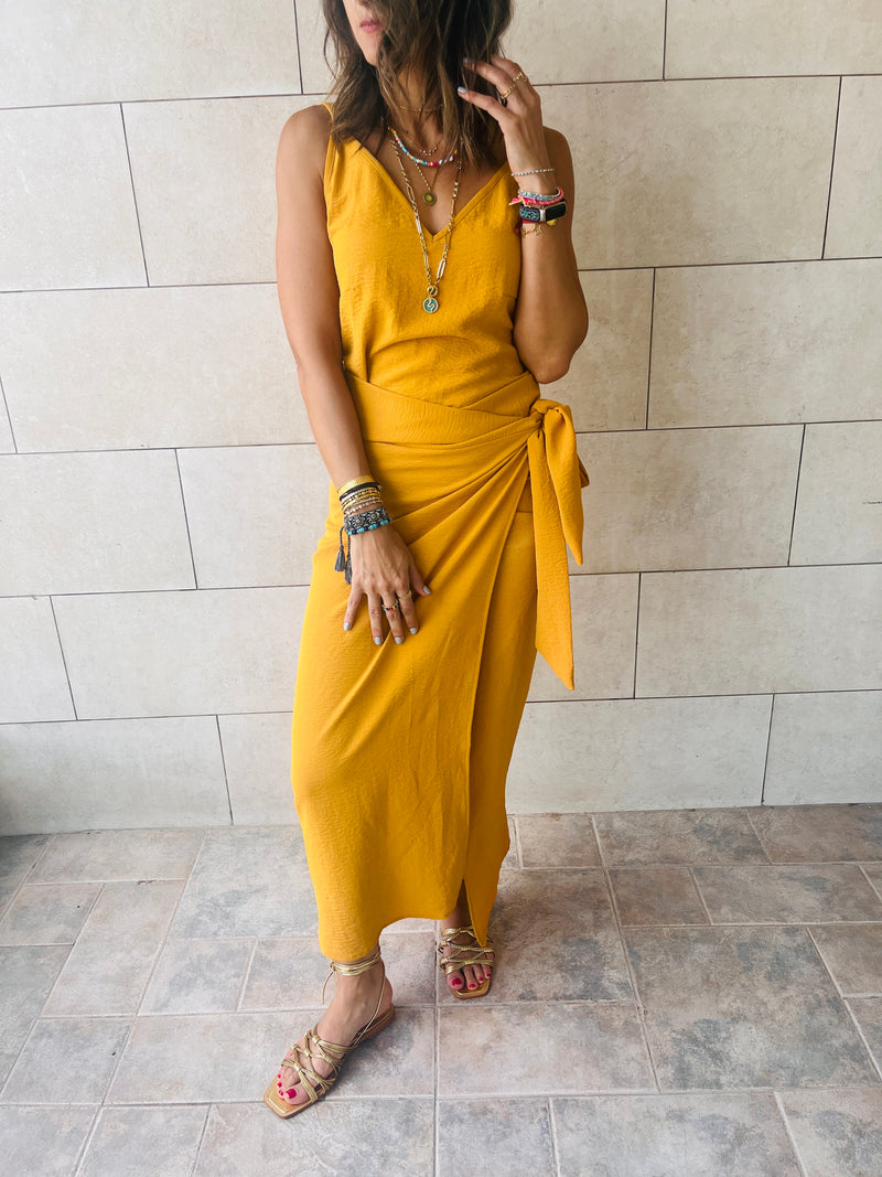 Mustard wrap midi skirt top