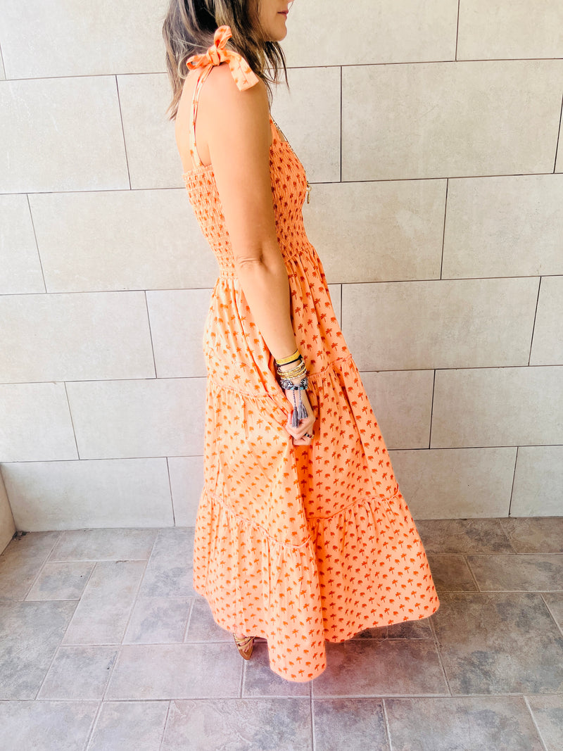 Orange Ribbon Strap Tiered Dress
