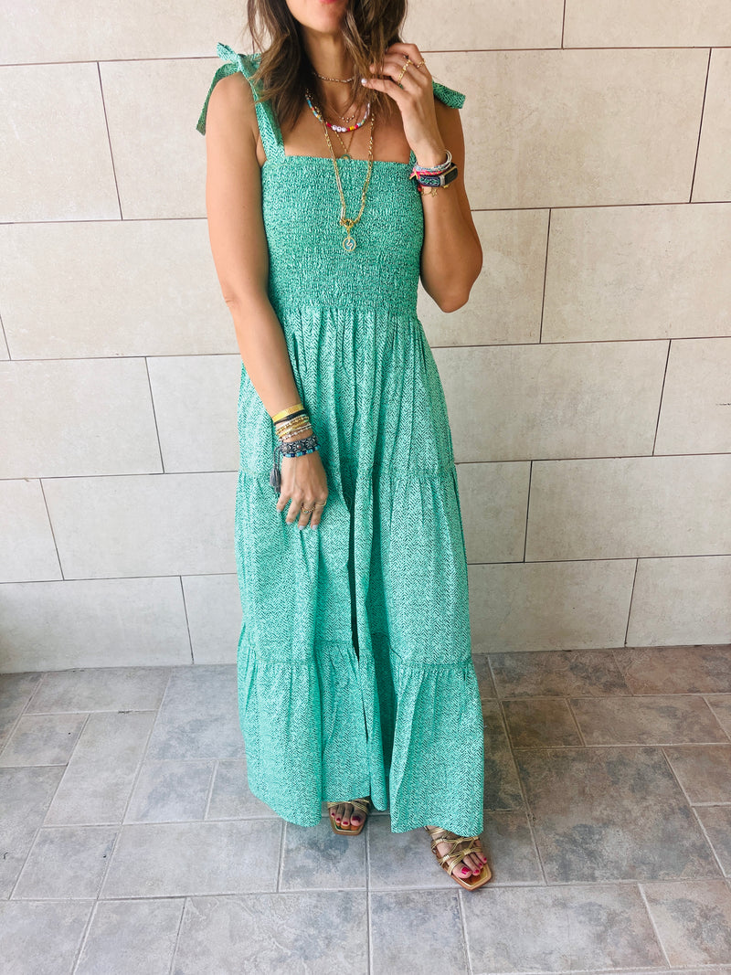 Green Ribbon Strap Tiered Dress