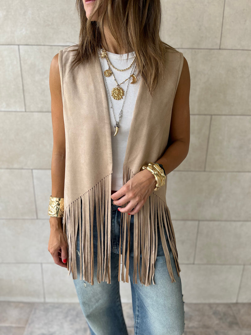 Beige Fringe Summer Suede Vest