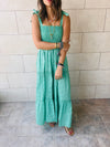 Green Ribbon Strap Tiered Dress