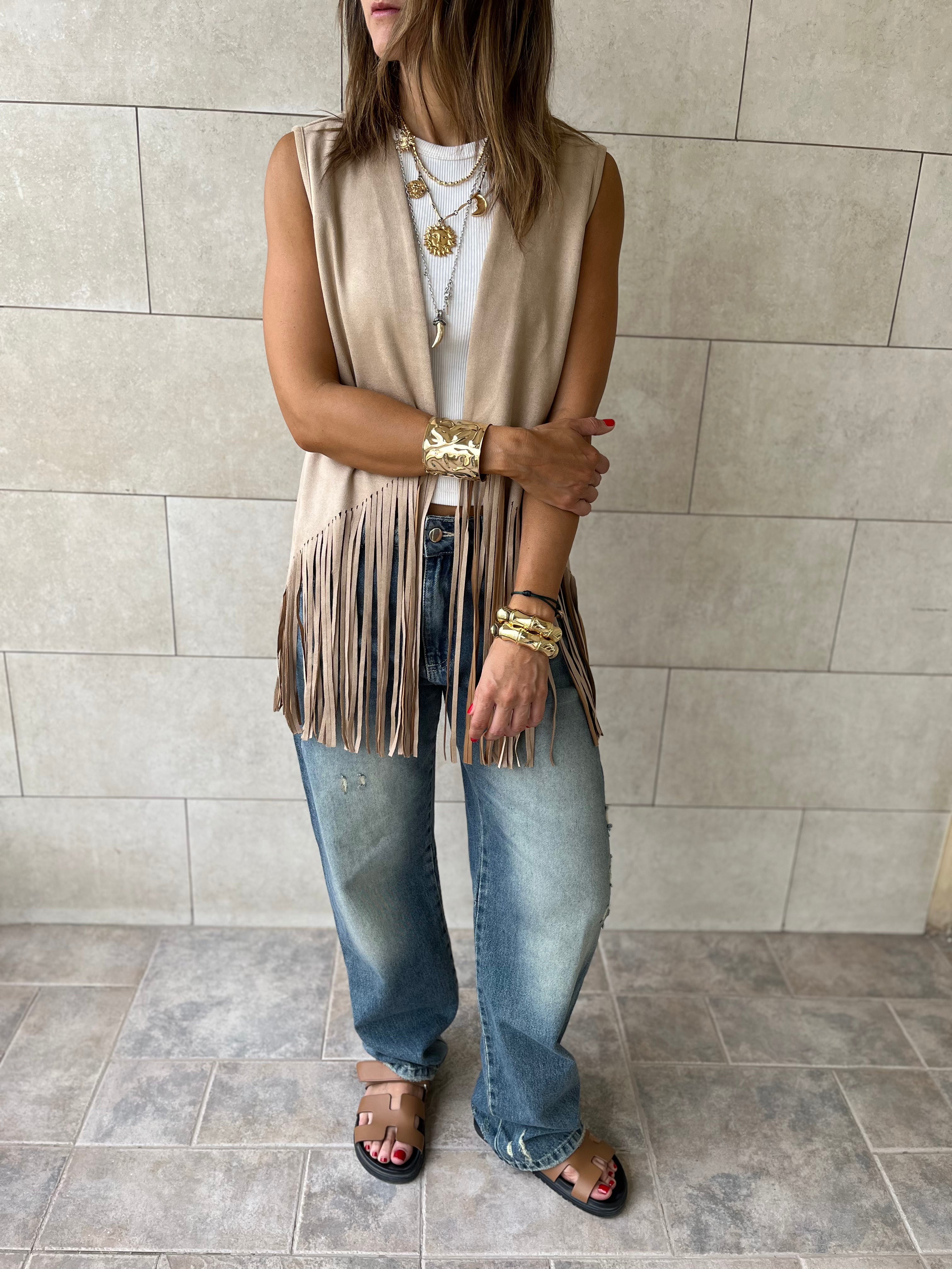 Beige Fringe Summer Suede Vest