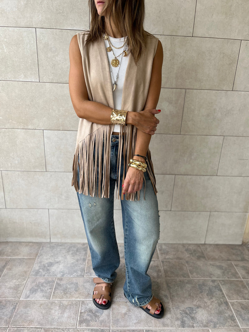 Beige Fringe Summer Suede Vest