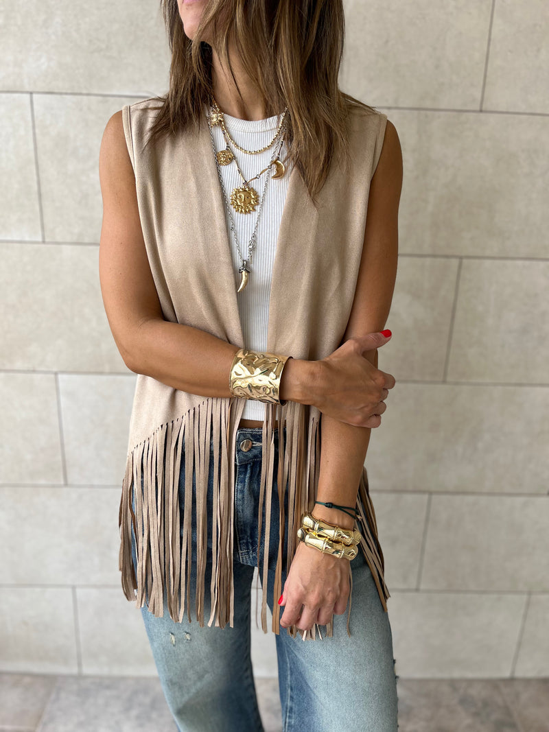 Beige Fringe Summer Suede Vest