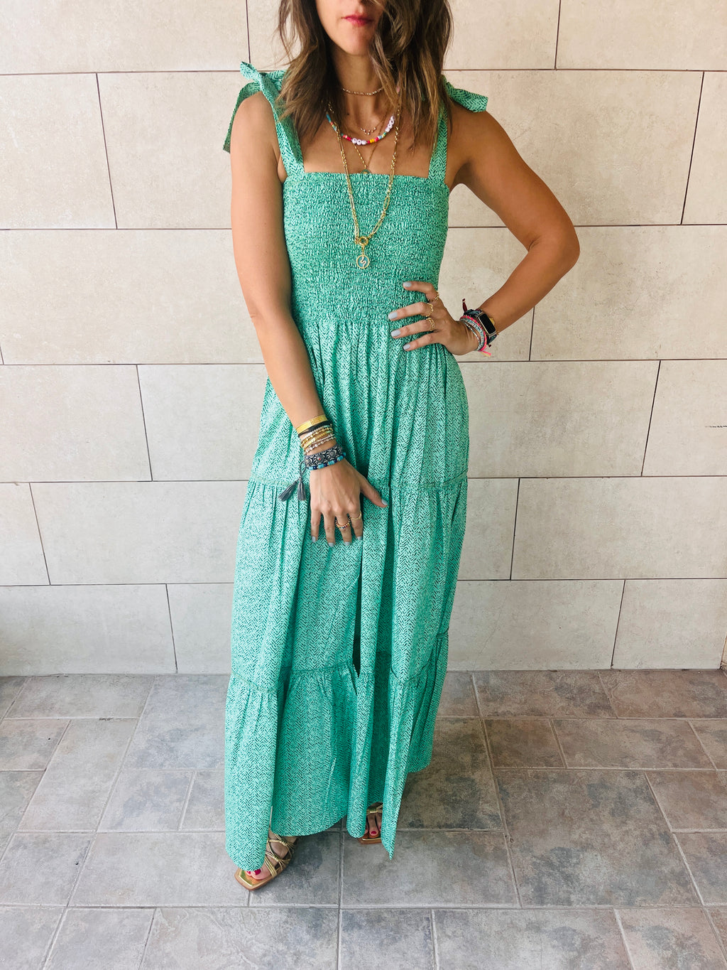 Green Ribbon Strap Tiered Dress