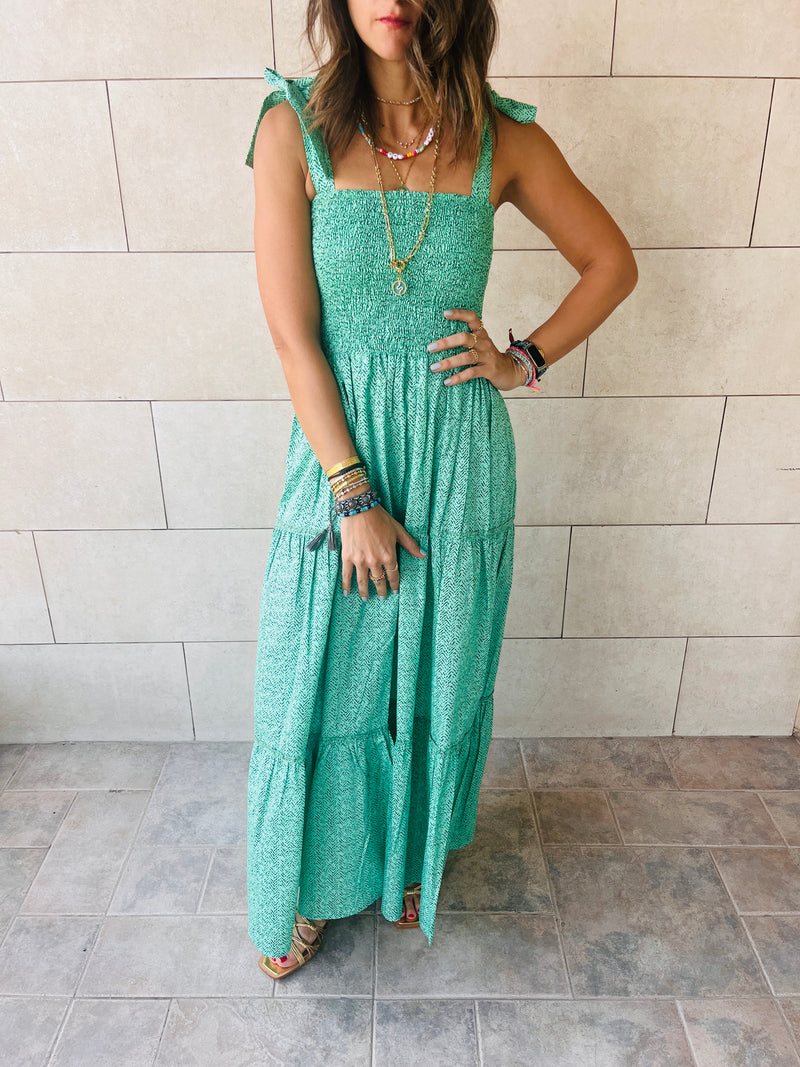 Green Ribbon Strap Tiered Dress