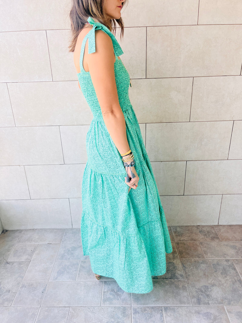 Green Ribbon Strap Tiered Dress