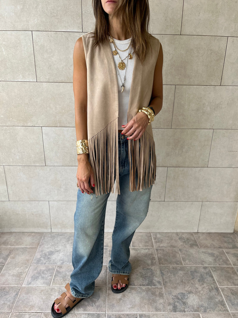Beige Fringe Summer Suede Vest
