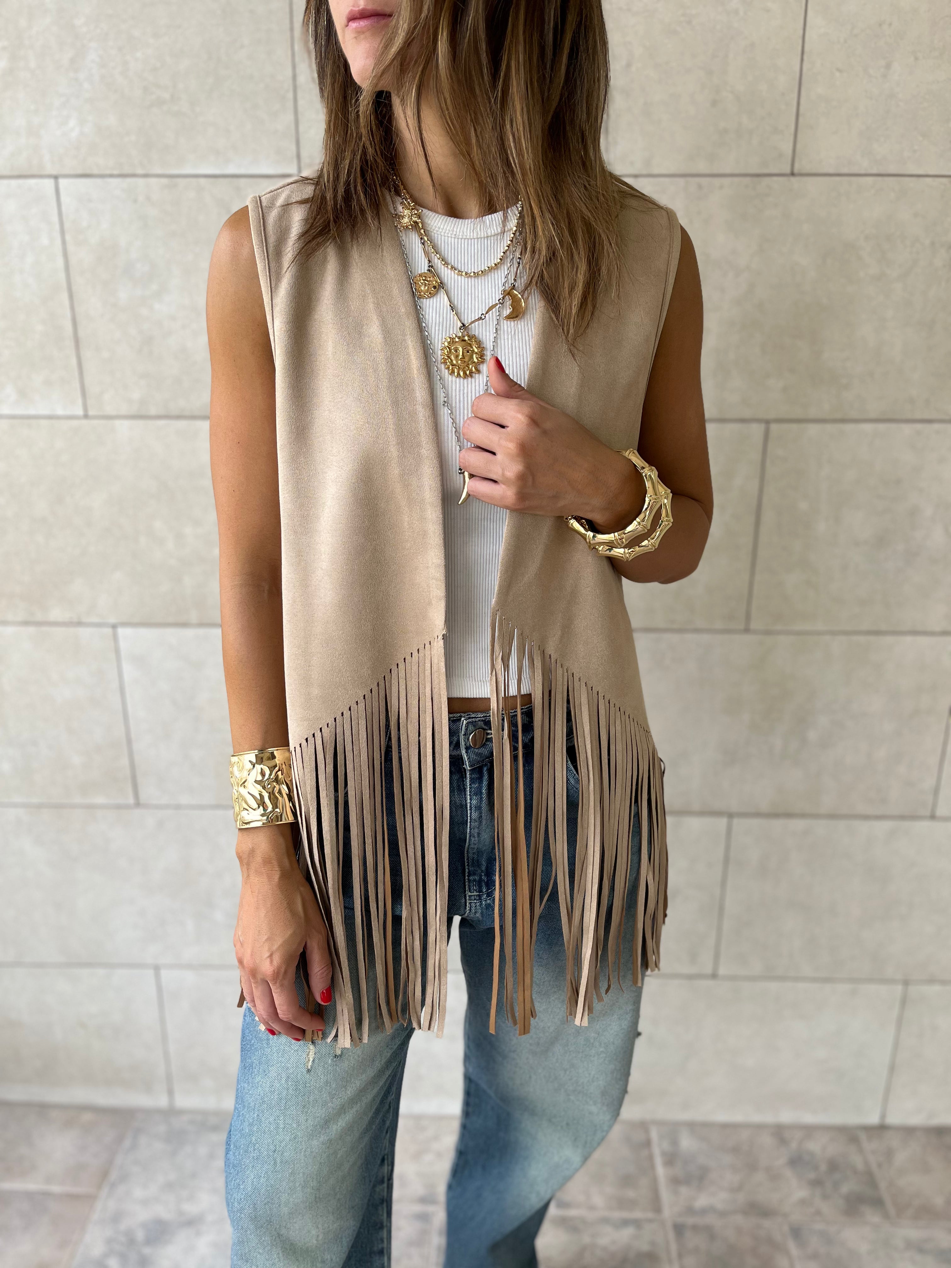Beige Fringe Summer Suede Vest
