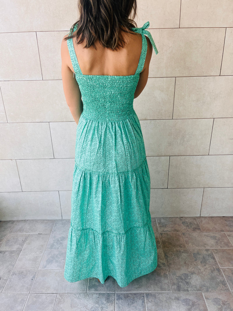 Green Ribbon Strap Tiered Dress