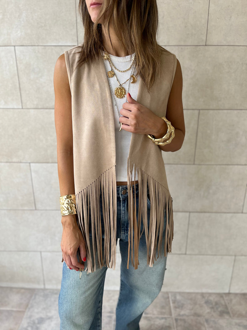 Beige Fringe Summer Suede Vest