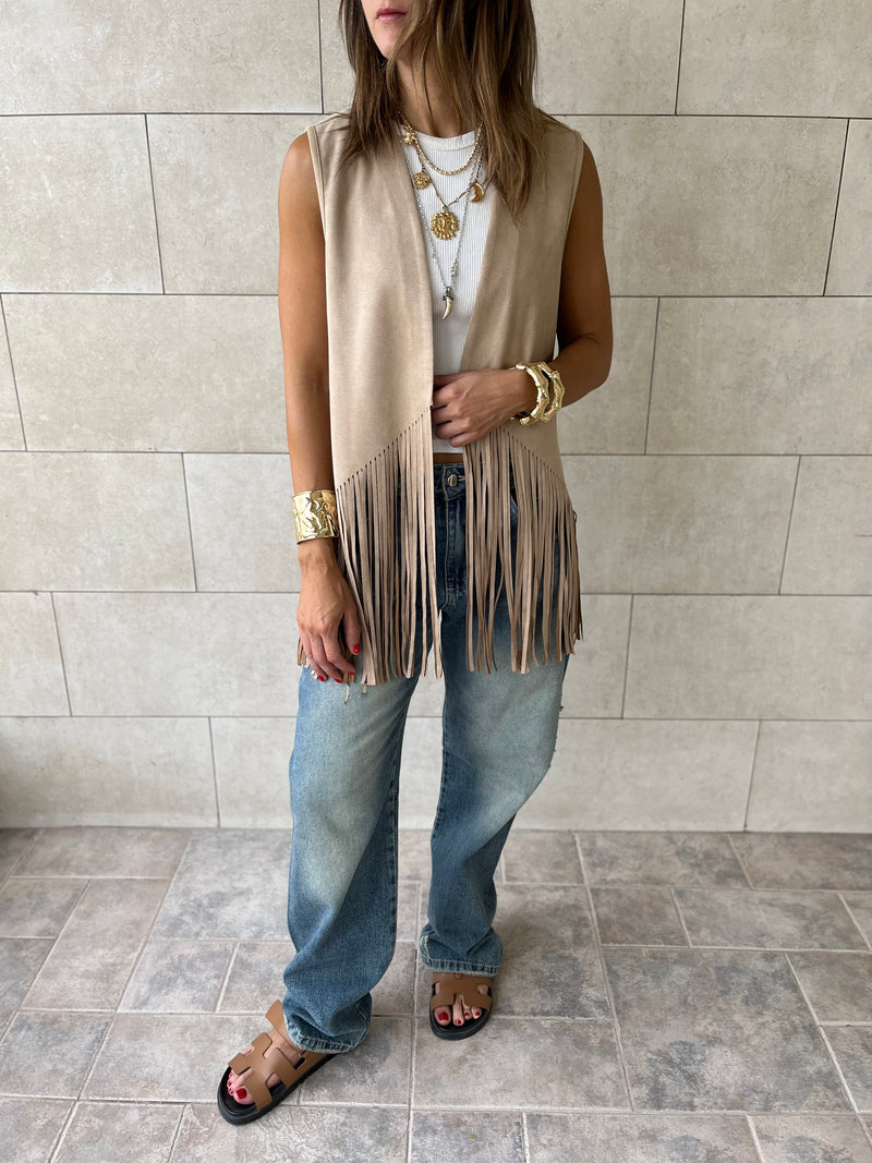 Beige Fringe Summer Suede Vest