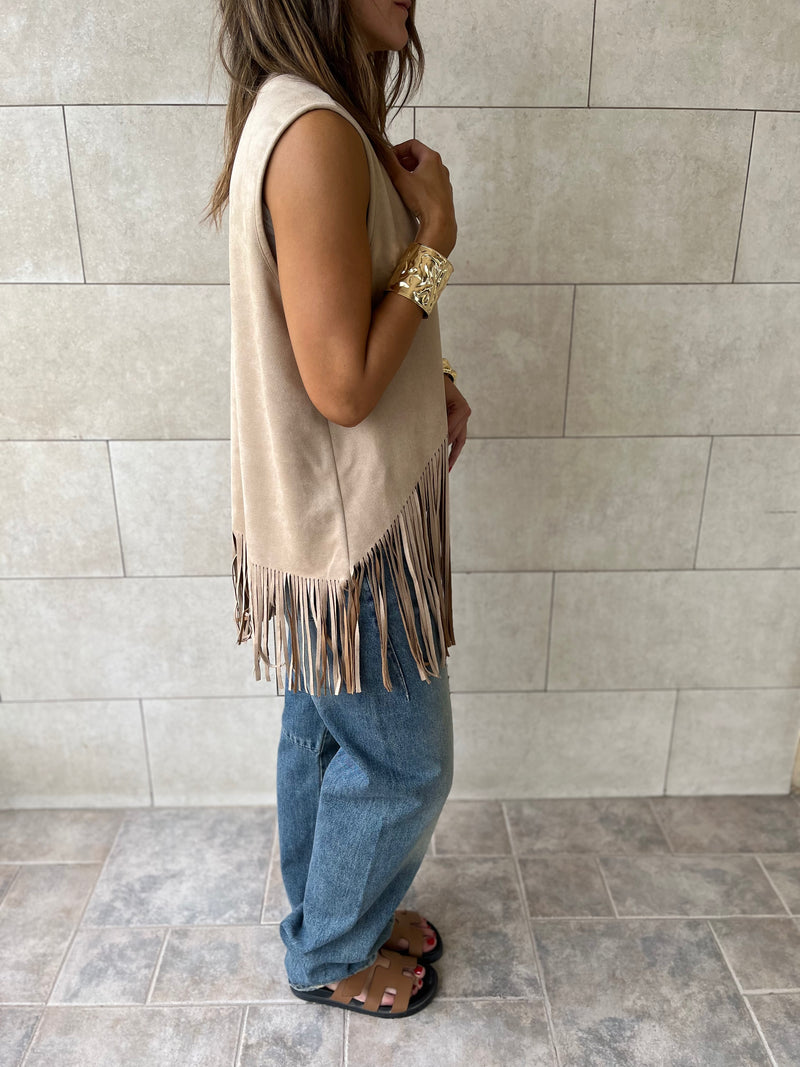 Beige Fringe Summer Suede Vest