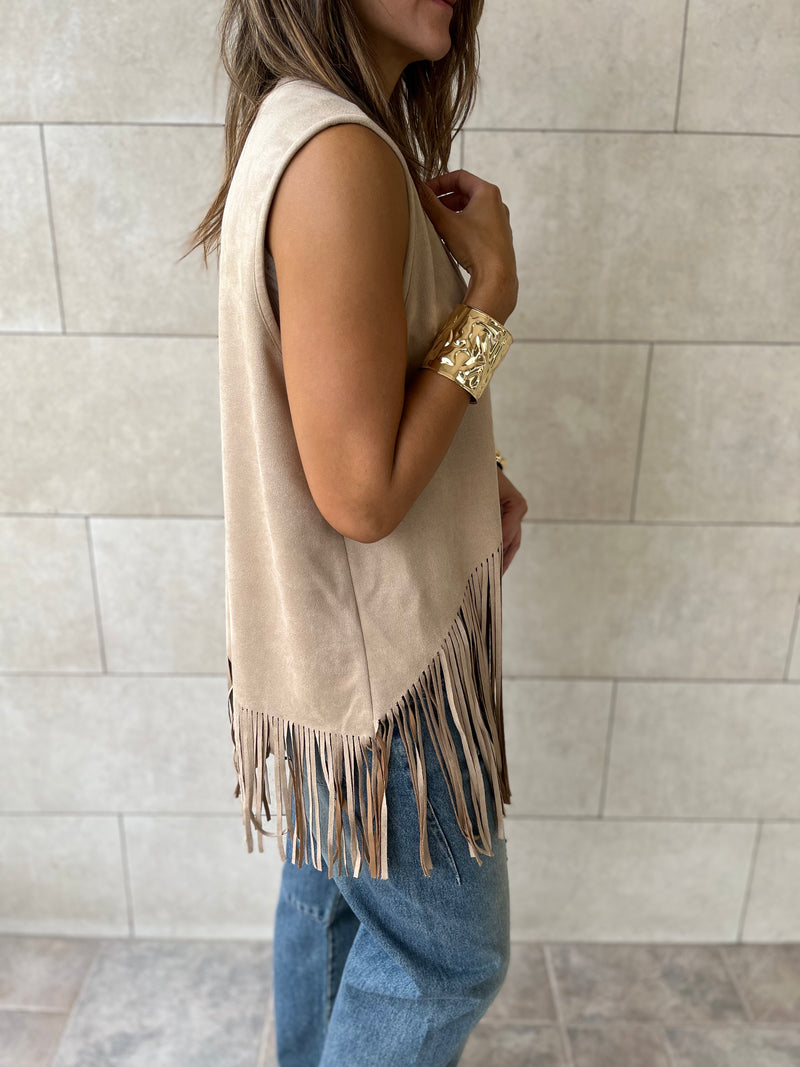 Beige Fringe Summer Suede Vest