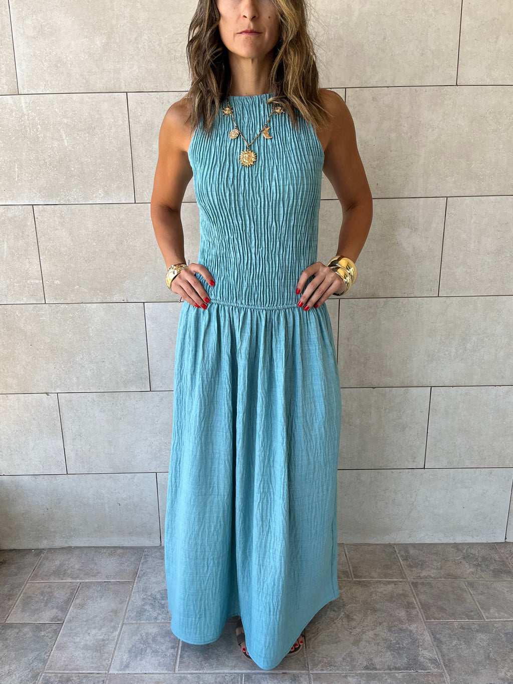 Baby Blue Crinkle Sleeveless  Dress