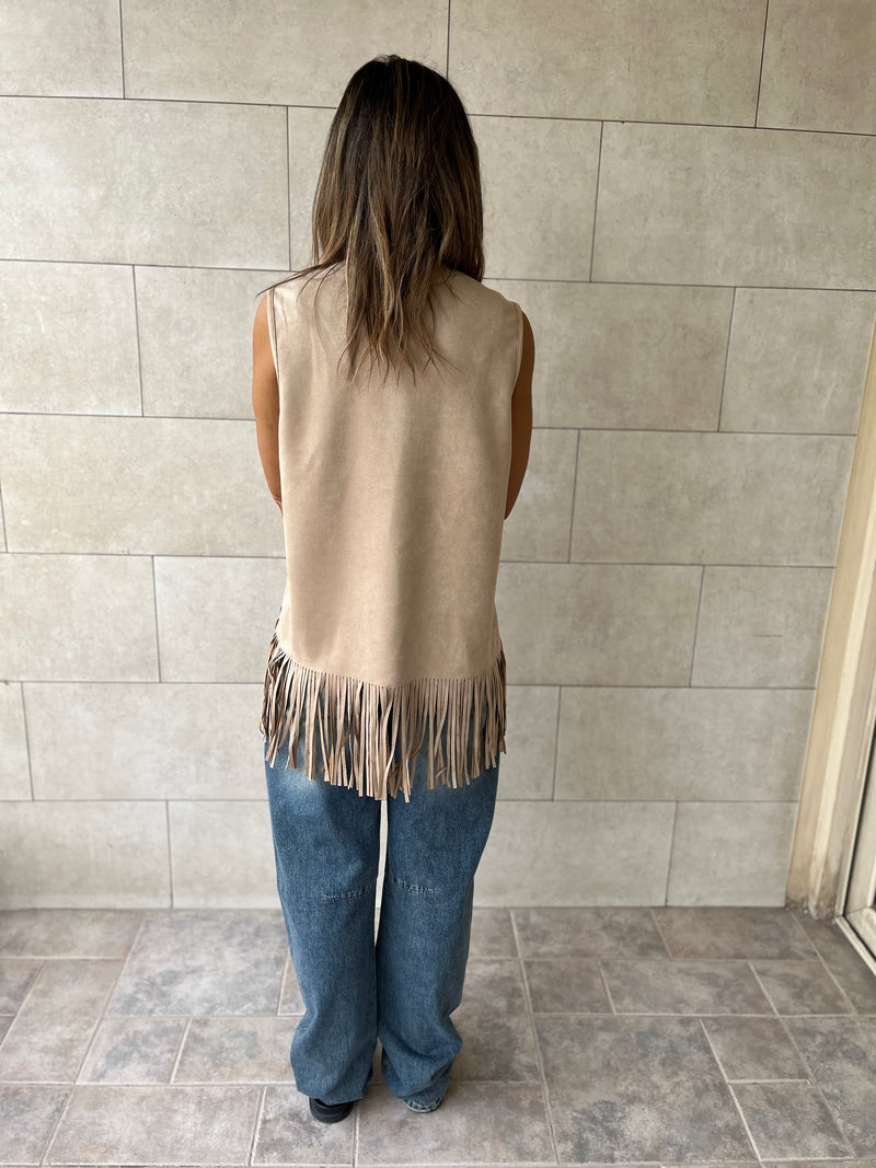 Beige Fringe Summer Suede Vest
