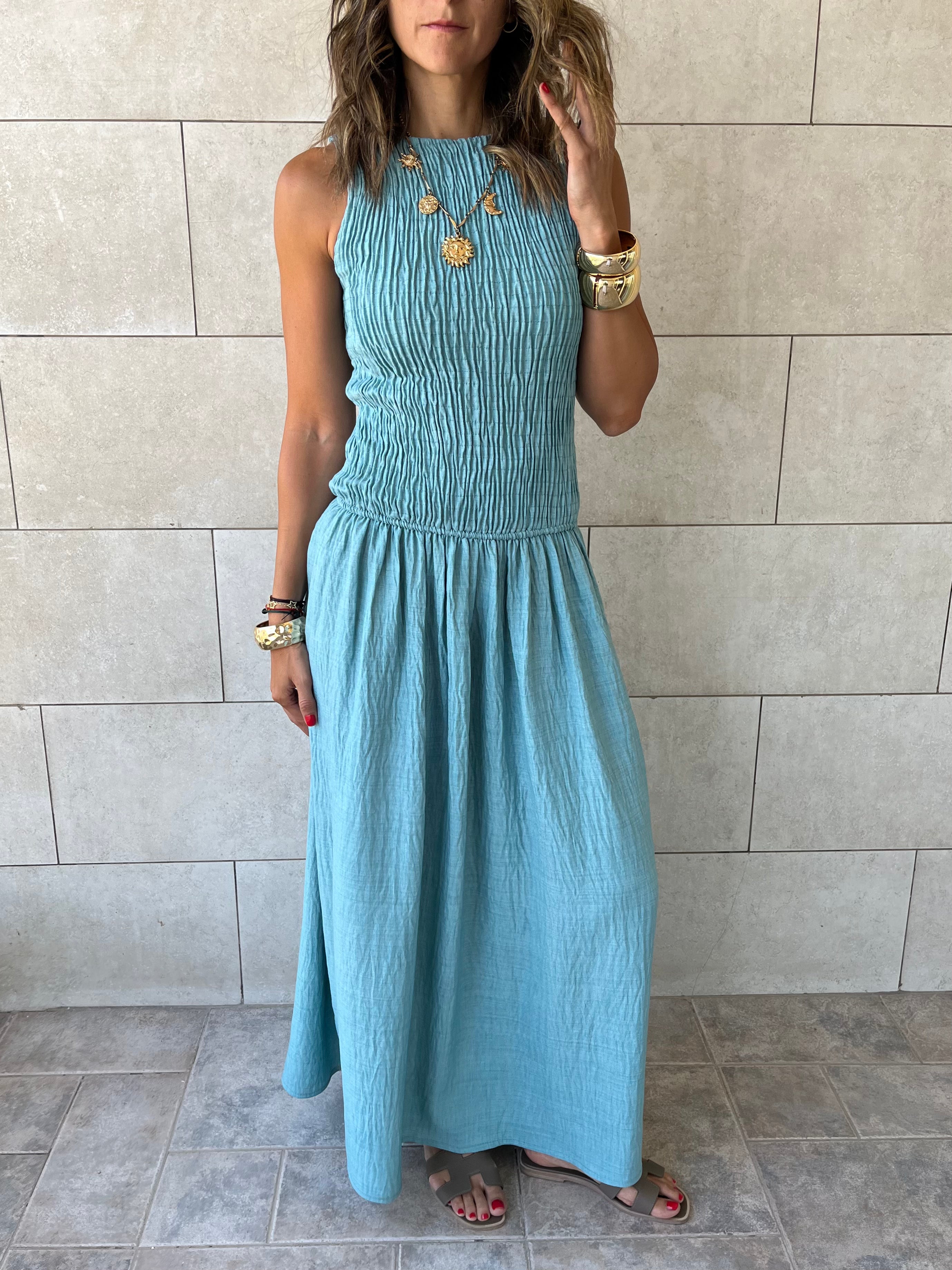 Baby Blue Crinkle Sleeveless  Dress