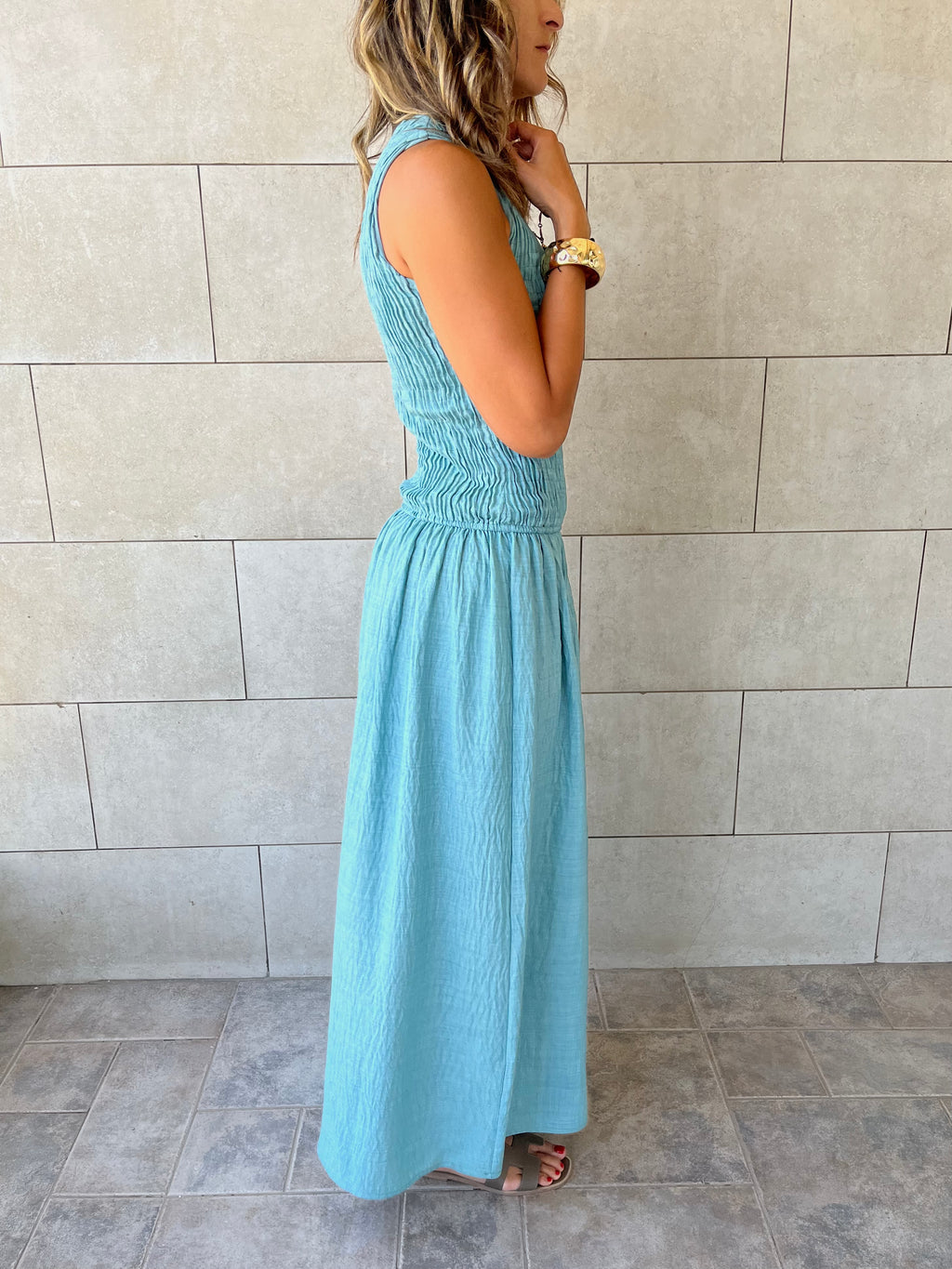 Baby Blue Crinkle Sleeveless  Dress