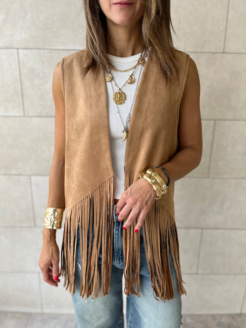 Camel Fringe Summer Suede Vest