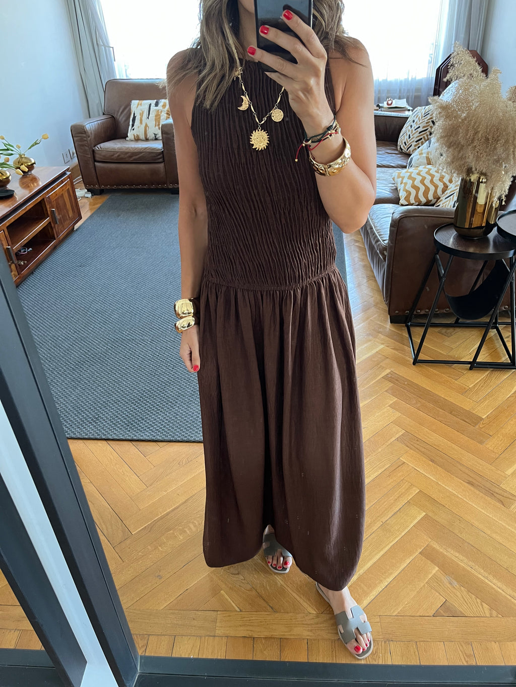Chocolate Brown Crinkle Sleeveless  Dress