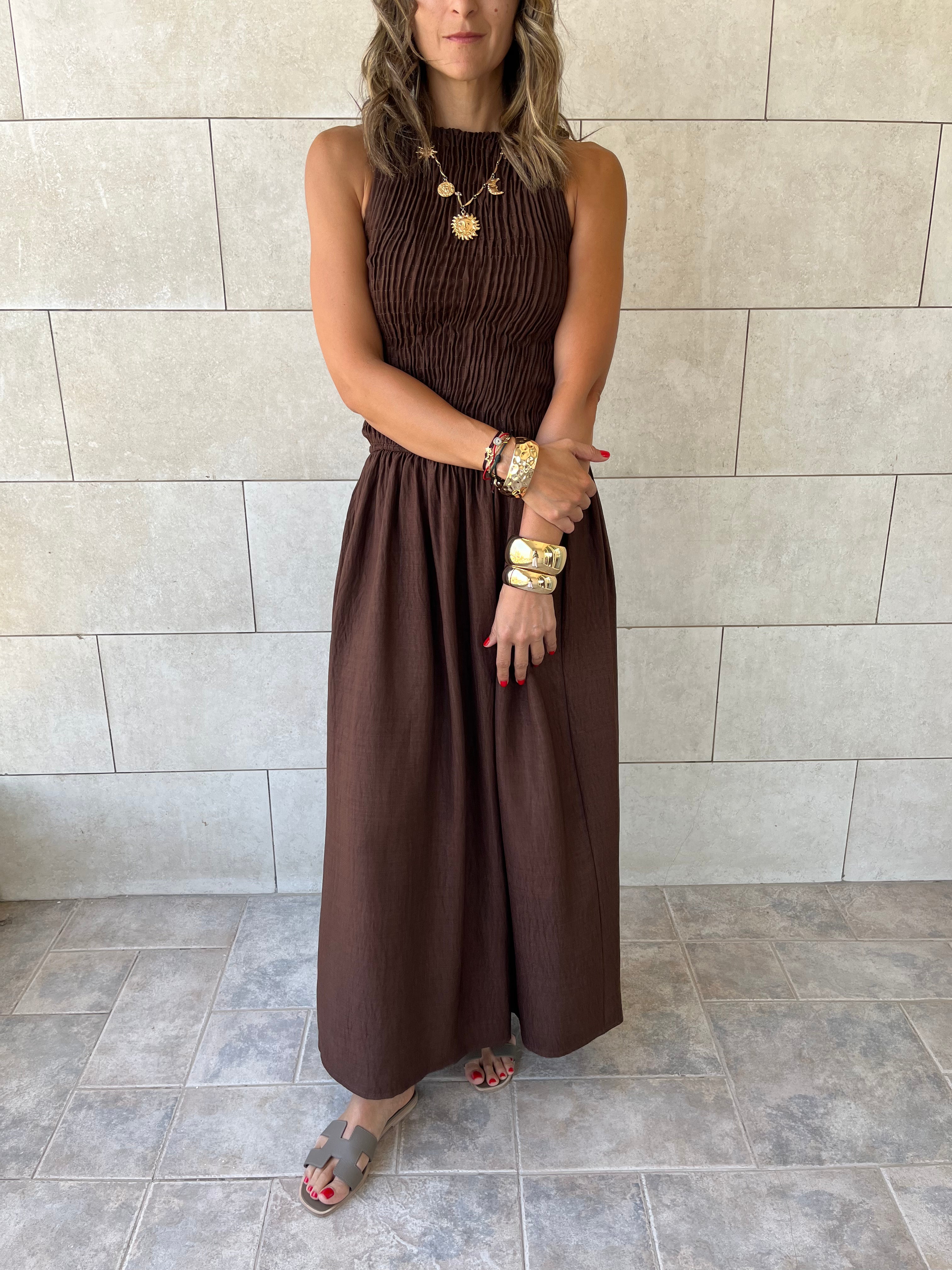 Chocolate Brown Crinkle Sleeveless  Dress