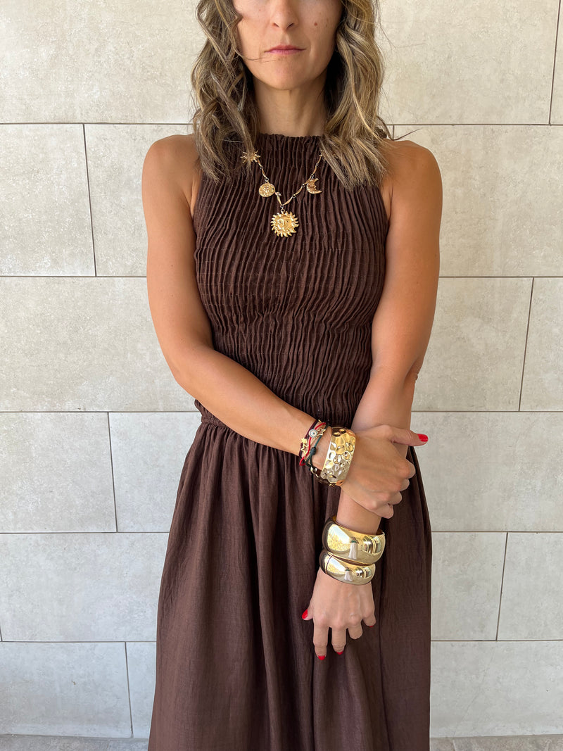 Chocolate Brown Crinkle Sleeveless  Dress