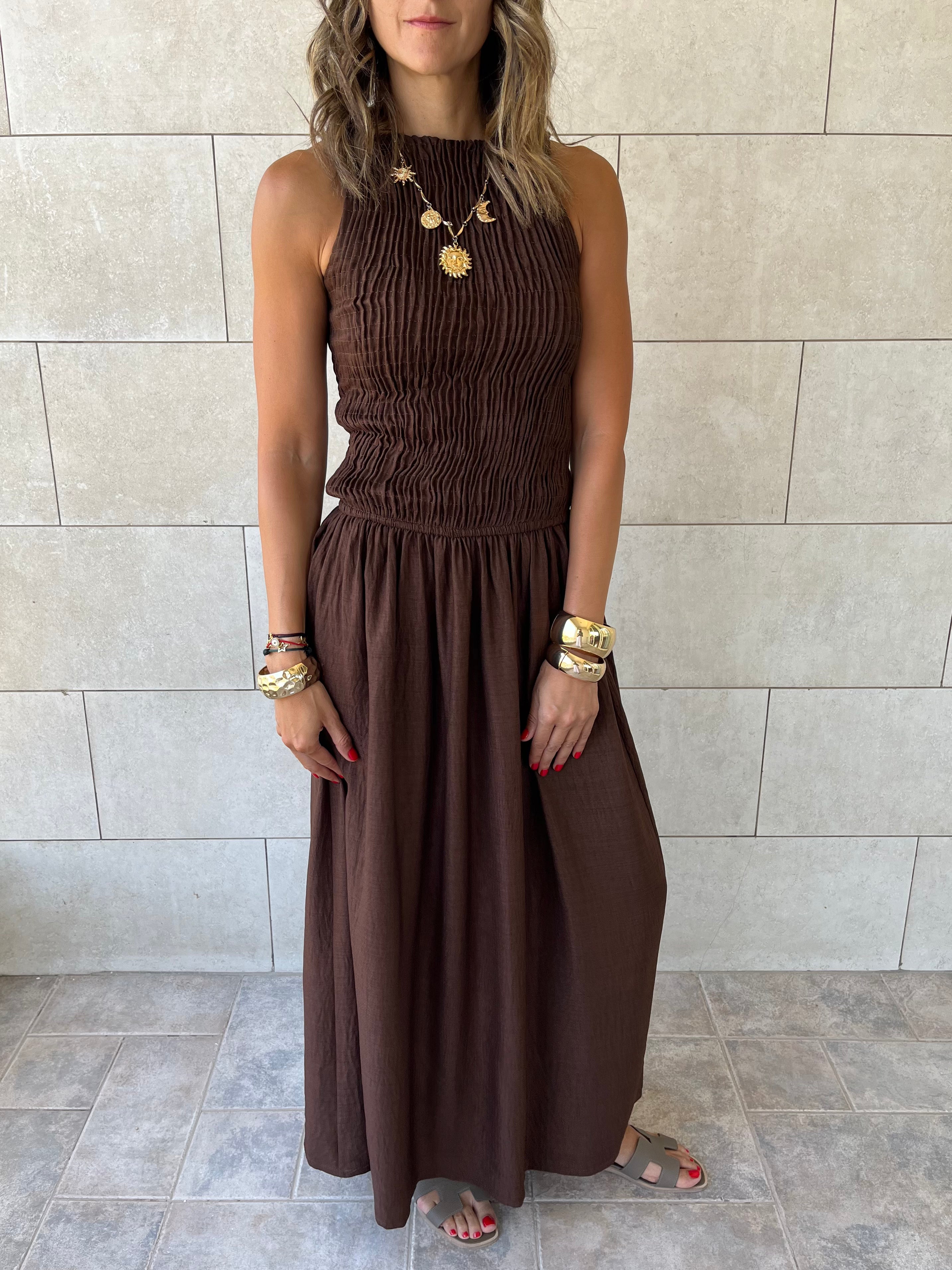 Chocolate Brown Crinkle Sleeveless  Dress