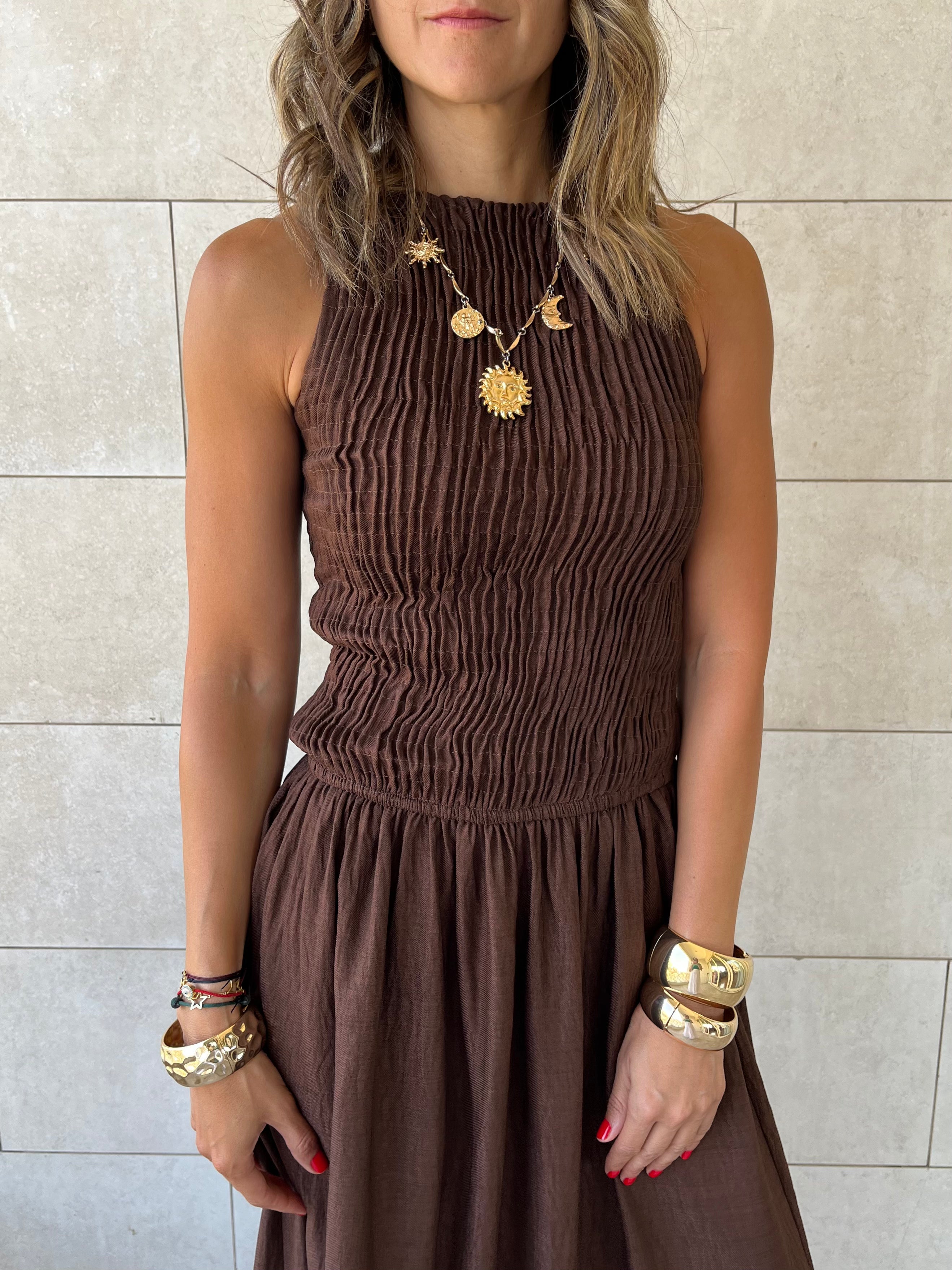 Chocolate Brown Crinkle Sleeveless  Dress
