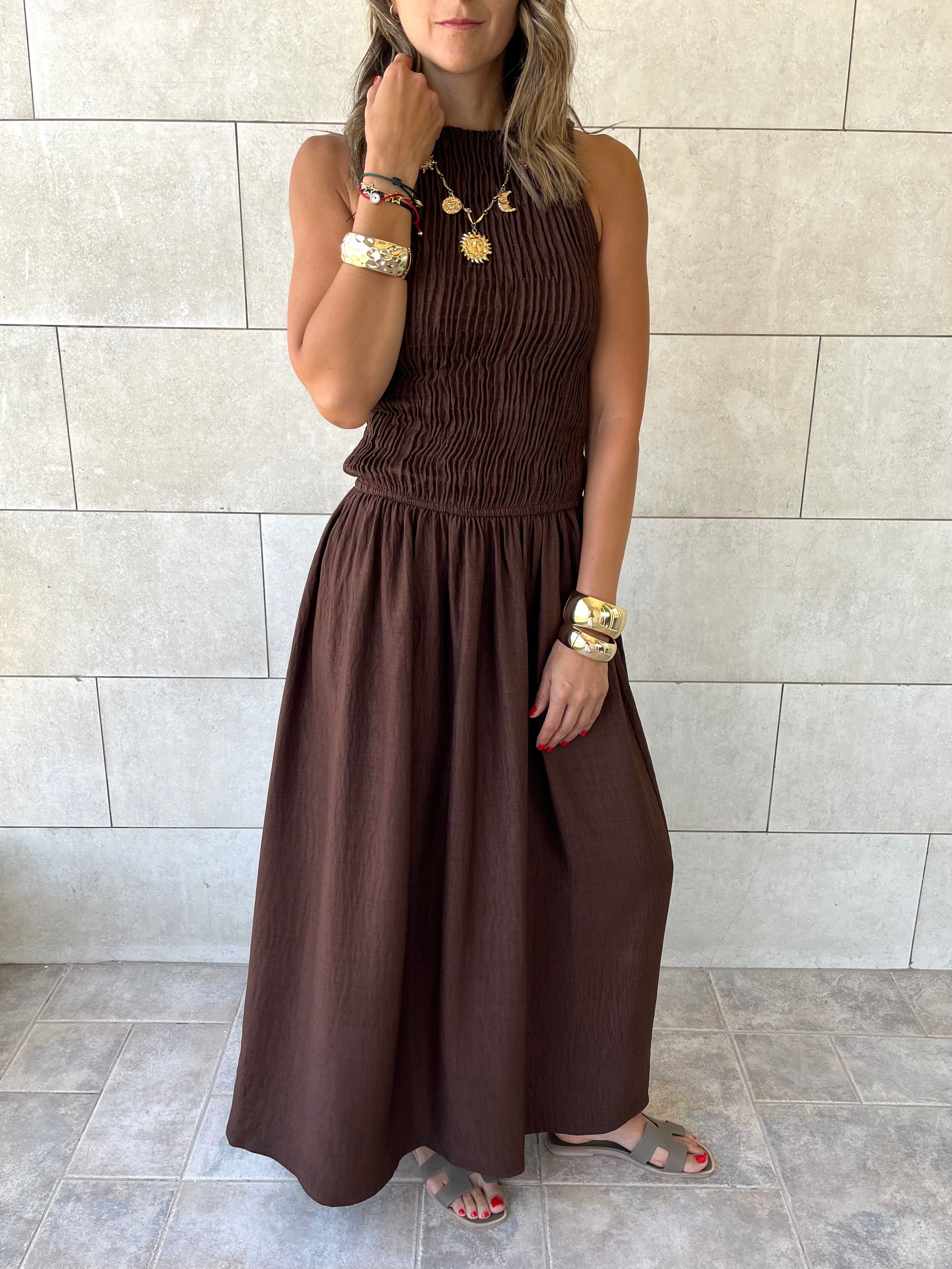 Chocolate Brown Crinkle Sleeveless  Dress
