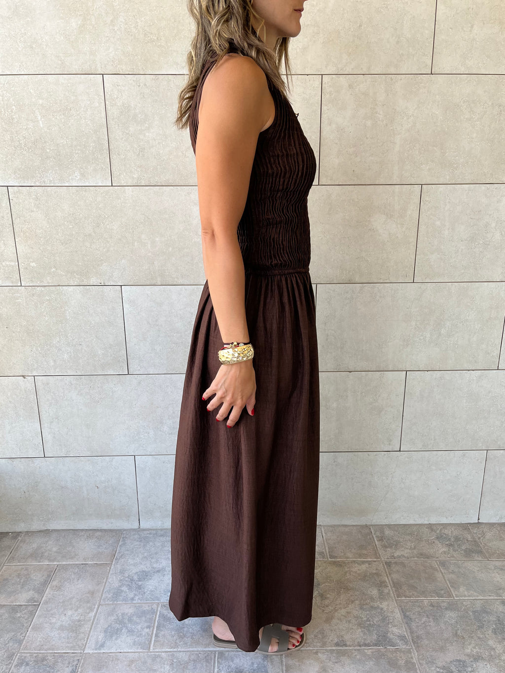Chocolate Brown Crinkle Sleeveless  Dress