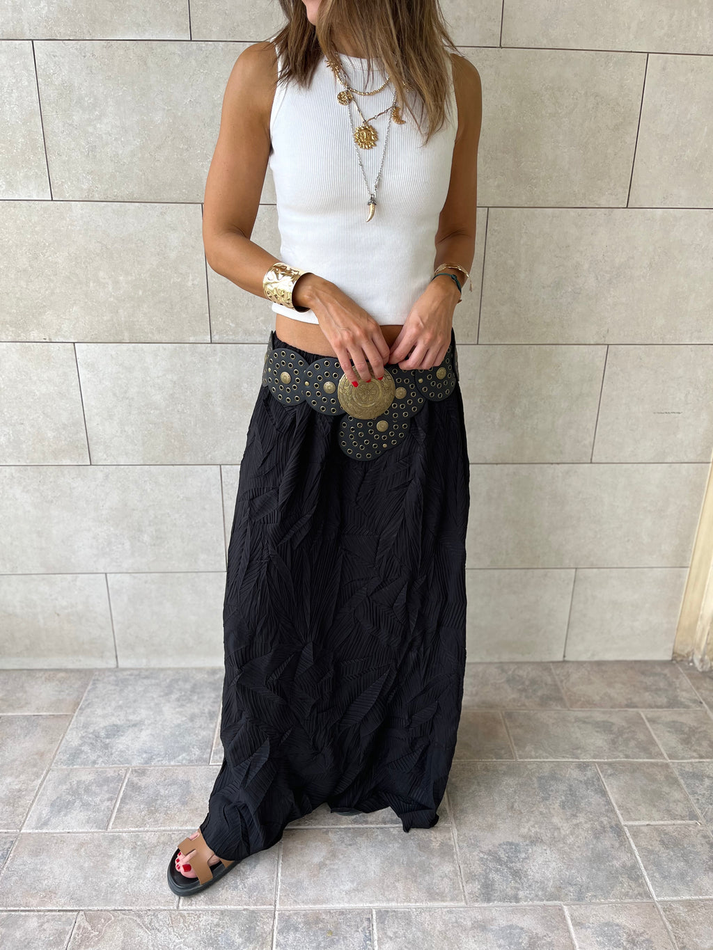 Black Crinkled Bohemian Skirt