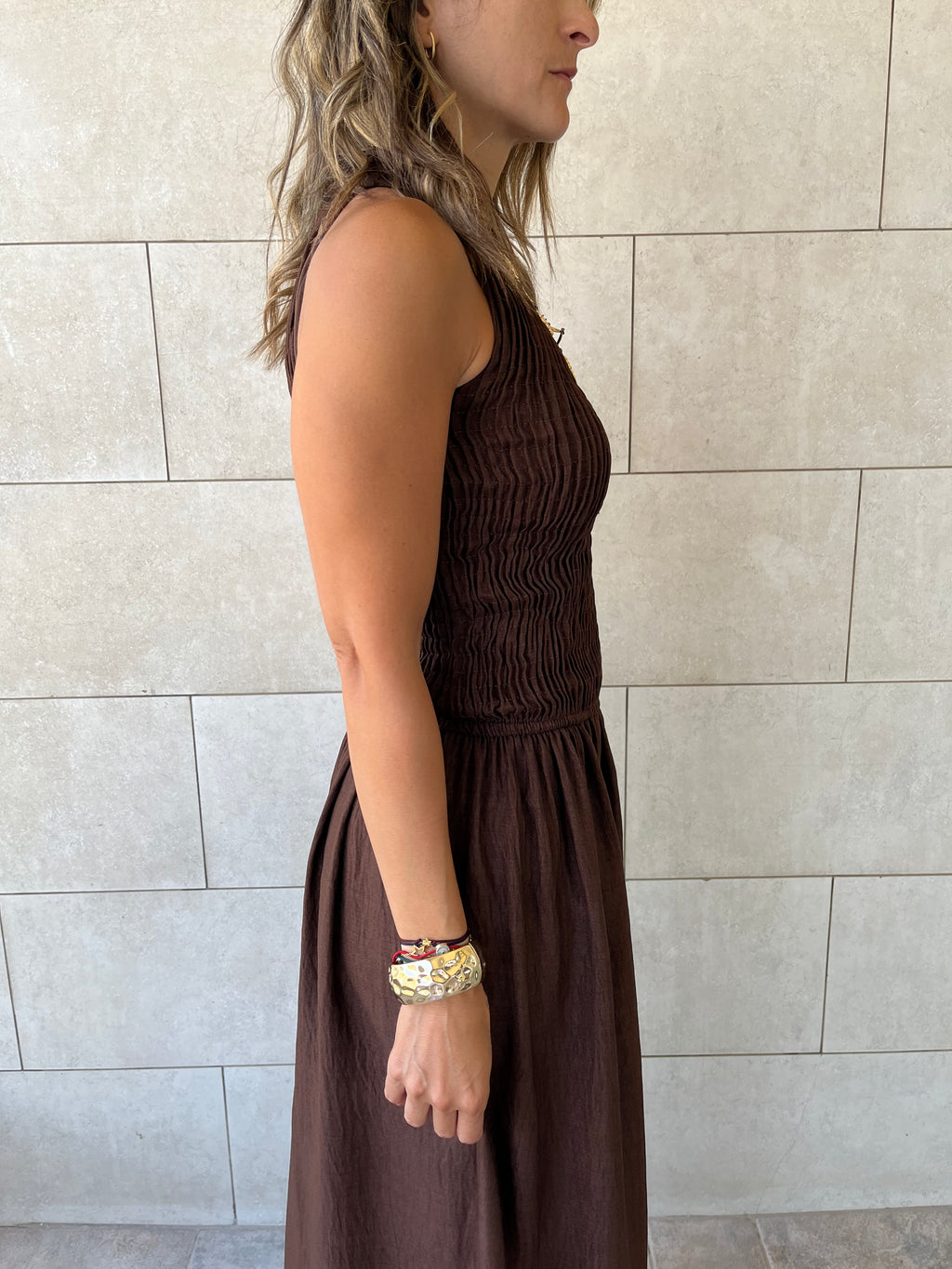 Chocolate Brown Crinkle Sleeveless  Dress