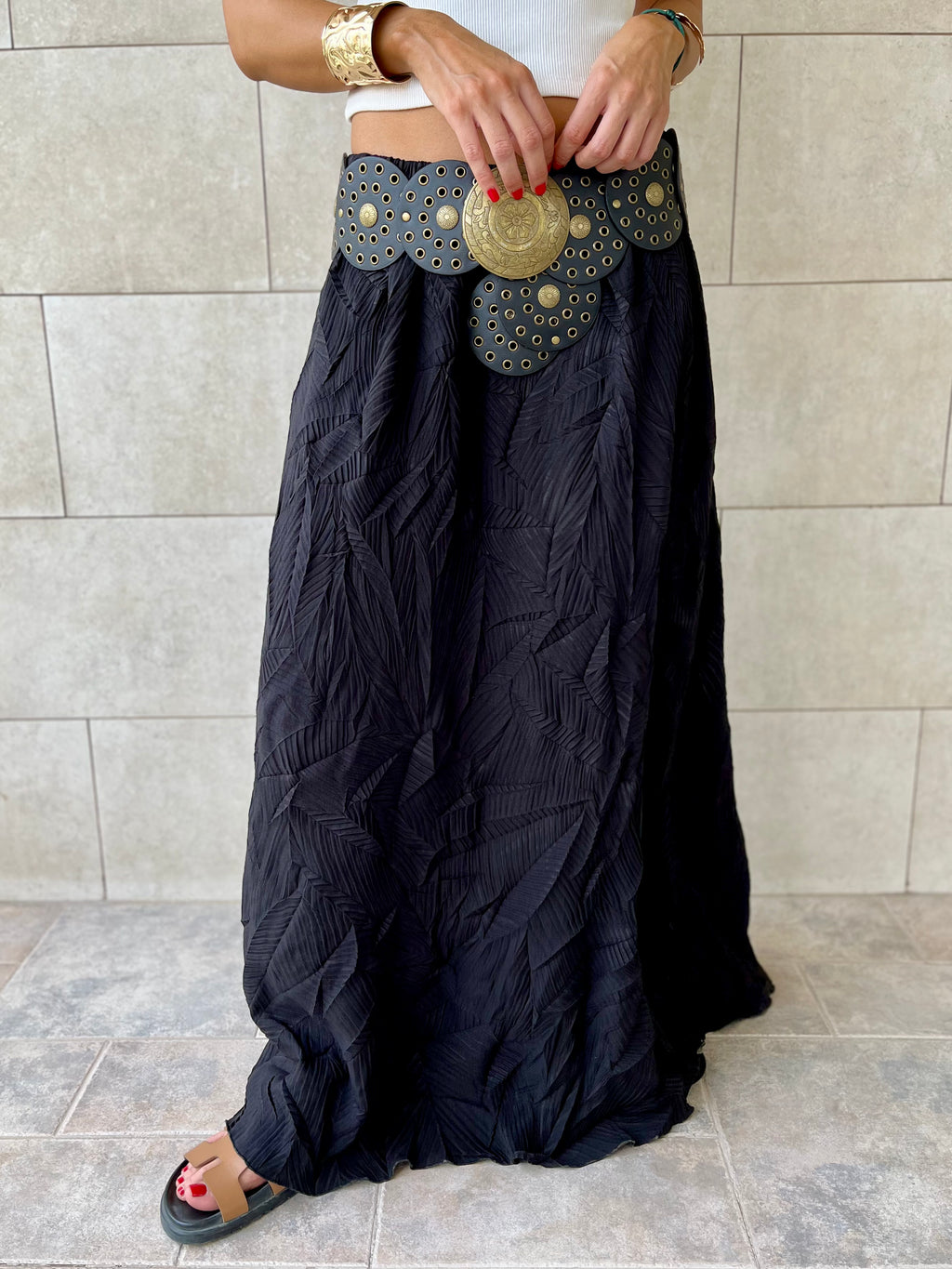 Black Crinkled Bohemian Skirt